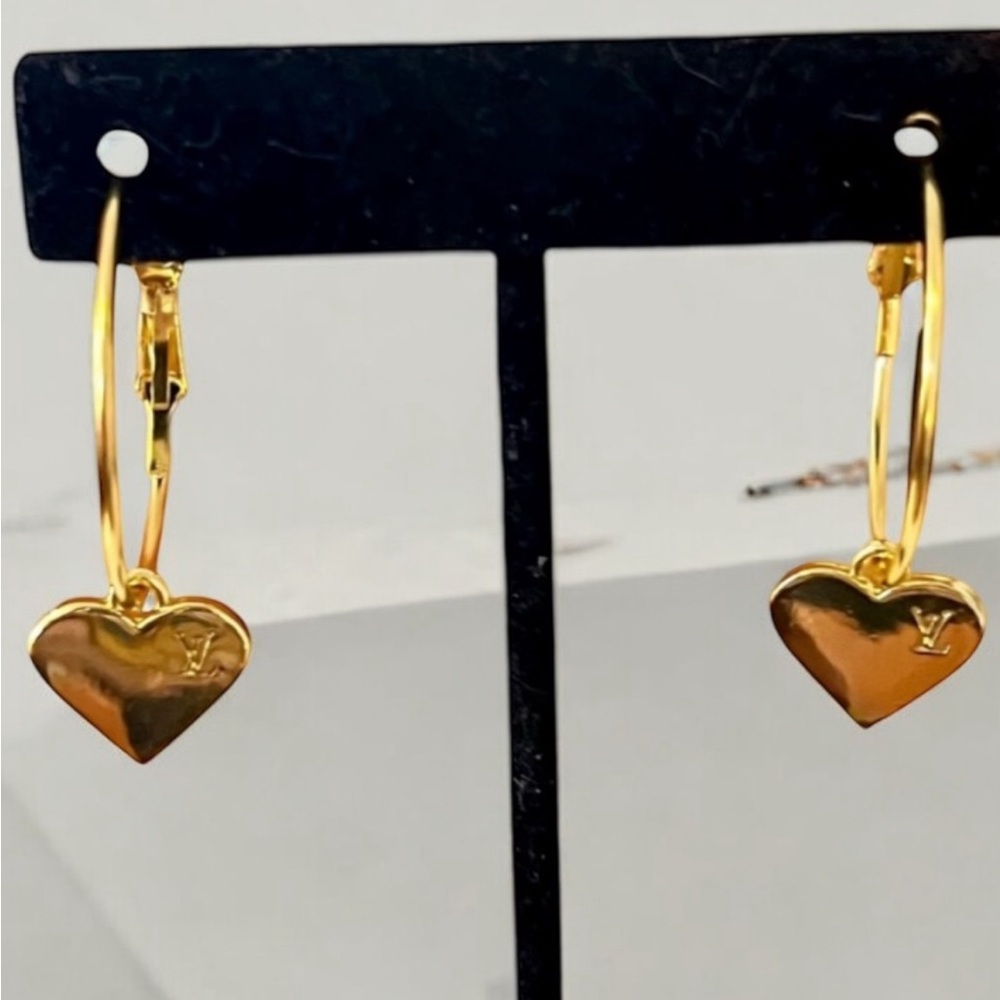 Upcycled Gold LV Louis Vuitton Stamped Charm Hoop Earrings
